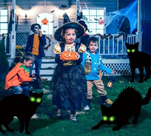 Miniatura 8 de Paquete de 6 carteles de decoración de gato negro de Halloween con estacas que brillan en los ojos oscuros, aterradores, impermeables, para patio,