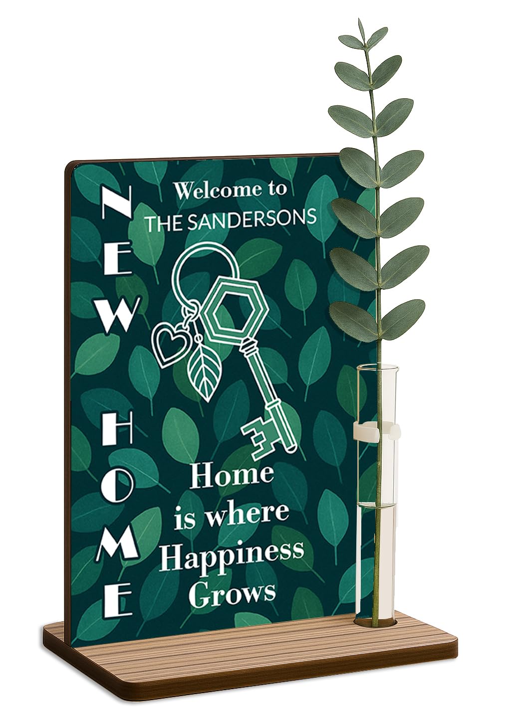 The Plum Penguin Home Where Happiness Grows Personalised Housewarming Gift Freestanding Wooden Plaque With Single Flower Letterbox Friendly Custom Moving House Gift Family (Home Where Happiness Grows)