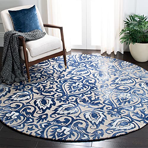 SAFAVIEH Dip Dye Collection 7' Round Royal Blue / Beige DDY511K Handmade Damask Premium Wool & Silk Area Rug