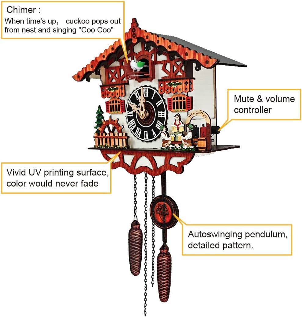 Traditional Black Forest Cuckoo Clock Wood Wall Clock - Natural Bird Voice Or Cuckoo Call, Coo Coo Clock for Wall Art Home Living Room Kitchen Office Decoration (Chalets-1)