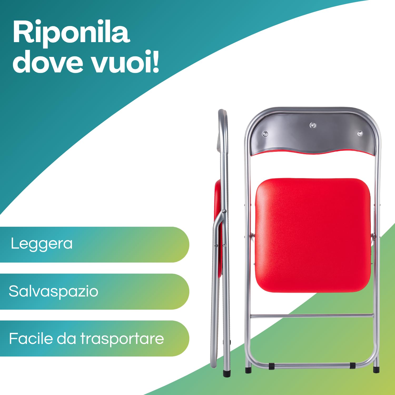 VIRSUS Sedia pieghevole colore ROSSO 346, misura aperta 44x48x78 cm, sedie salvaspazio, seduta in PVC Imbottita, piedi antiscivolo, per giardino, cucina, ufficio, campeggio (6)