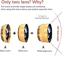 Vista 2 de Kit de lentes para cámara de celular 3 en 1, gran angular, macro, ojo de pez, universal para teléfonos inteligentes iPhone, Samsung, Android (Oro)