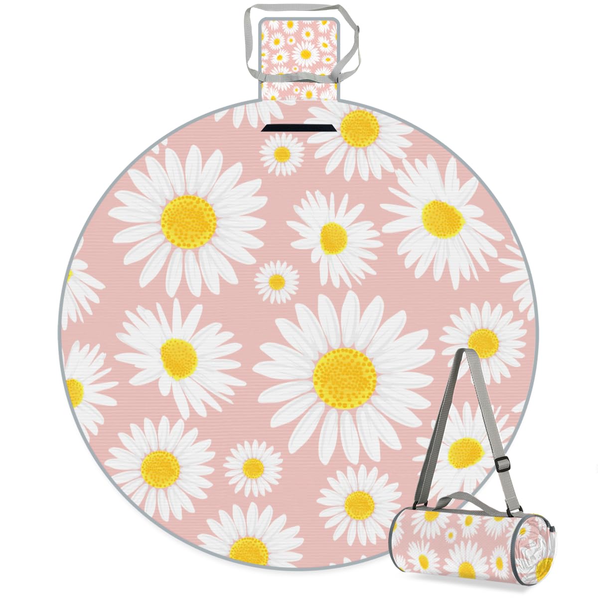 Shimoshe Pink Background Daisies Picnic Outdoor Blanket Foldable Waterproof Sandproof Beach Blanket Portable Water-Resistant Round Picnic Mat for Travel Camping Park Lawn