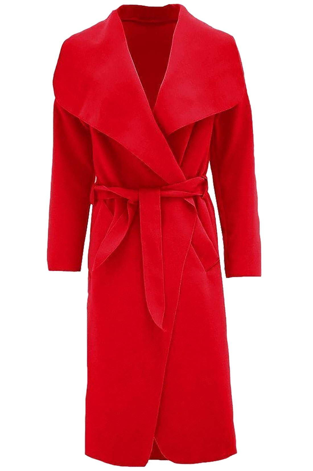 FAIRY TRENDZ LTD Womens Ladies Italian Trench Long Coat Waterfall Duster Cape Belted Cardigan Winter Wear Jacket Wrap Coat Red UK 8-10