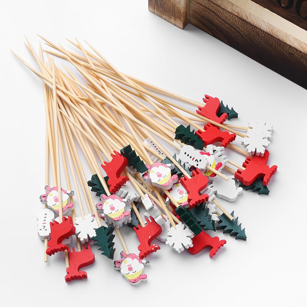 Palillos de cóctel de Navidad para aperitivos, palillos de dientes para aperitivos, 100 palillos de dientes de cóctel para decoración de fiestas de Navidad, pinchos de aperitivos para copas de