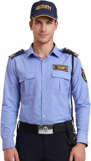 Security Guard Uniform Shirt for Men, Light Blue, Long Sleeve with Security Patches and Epaulettes