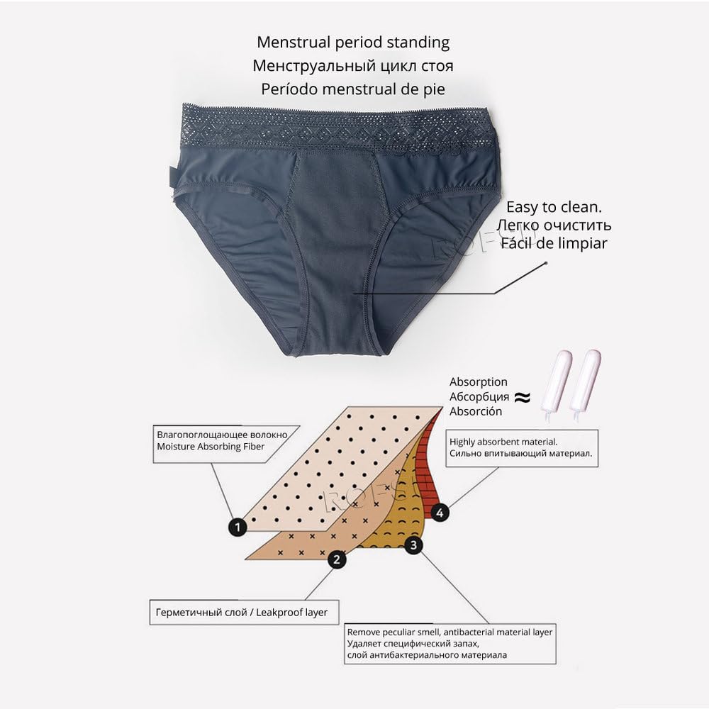 Bragas Menstruales para Mujer Ropa Interior Sexy Con Encaje Bragas Menstruales para Flujo abundante Bragas Posparto a Prueba de Fugas Paquete de 5 Negro L