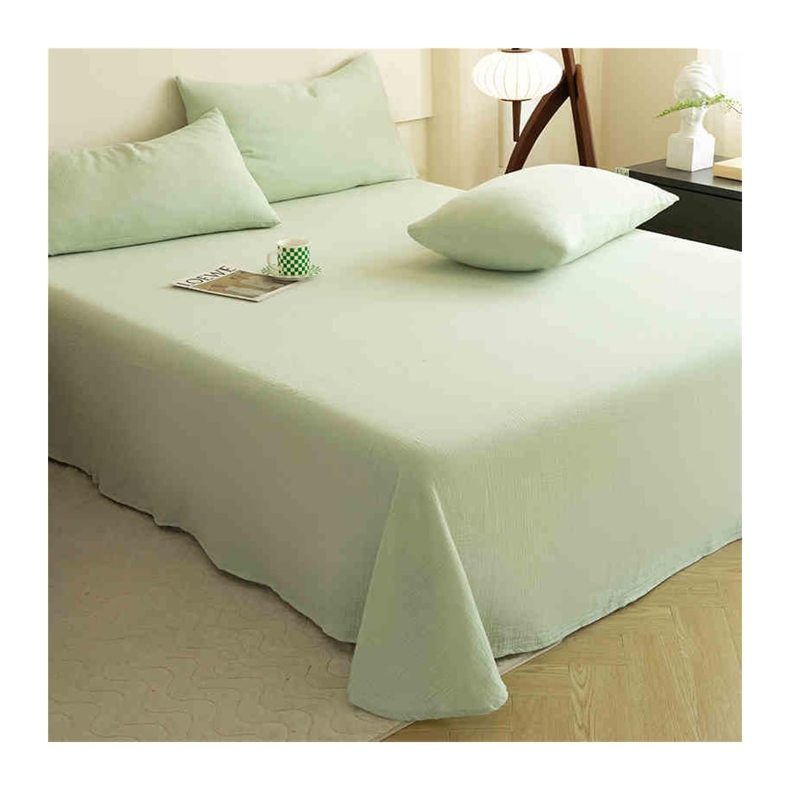 Sábana Plana Sábana Encimera Suave de Gasa Algodón Cama 90-100cm (160x235cm) 120-135cm (200x235cm) 150-180cm (240x250cm) 200cm (240x270cm)(Green,200x235cm+48x74cm x2)