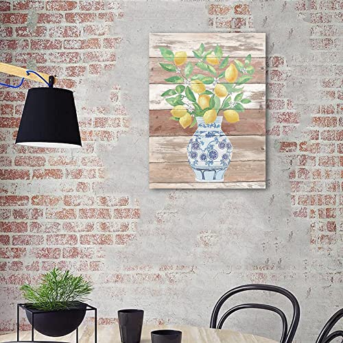 Lemon Wall Art Painting Farmhouse Decor Yellow Fruit White Flower And Green Leaves Branches In Blue And White Porcelain Floral Vase Picture Print For Home Decorative Poster 10X15 Inch #TOP3