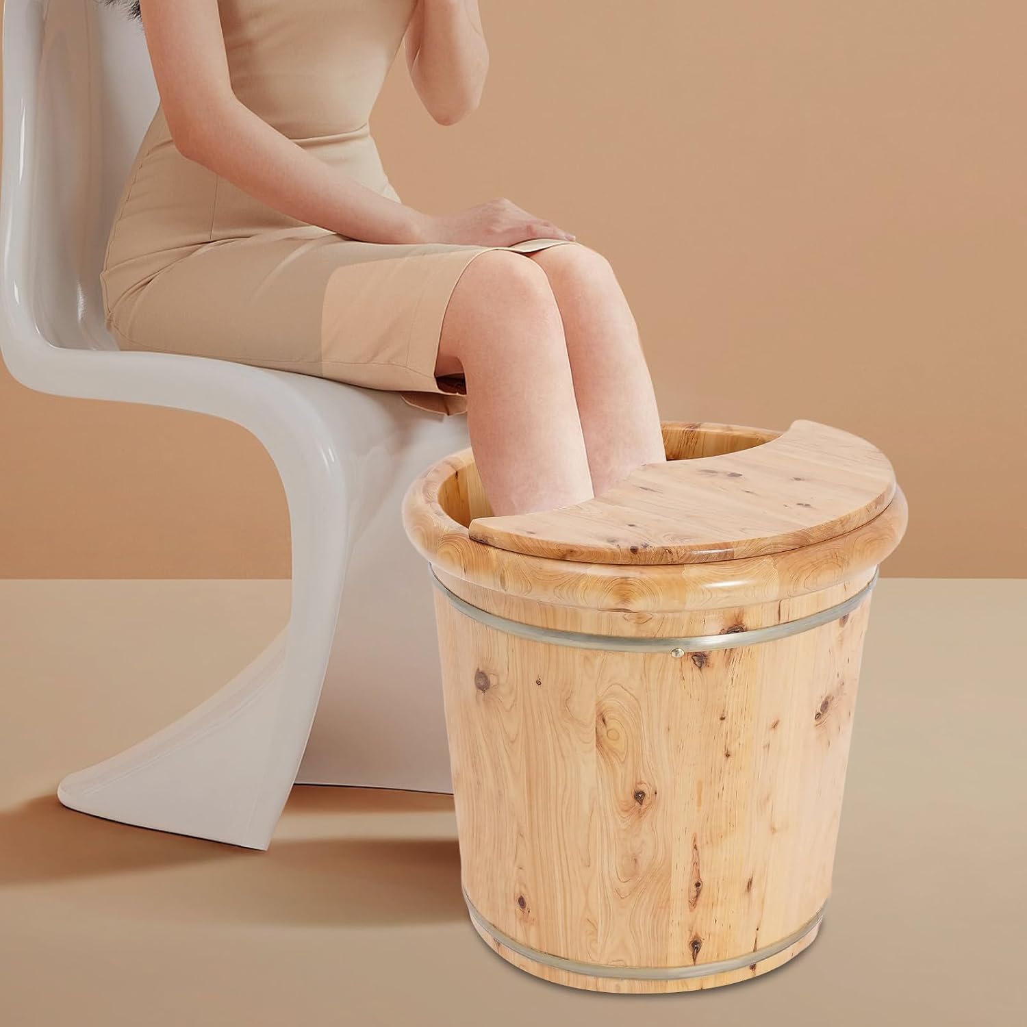 Wood Foot Bath, 15.75 * 15.75In Footbath Bucket with Wooden Stool & Lid, Handmade Wooden Foots Basin Set for Foot Soaking and Foot Massage, Wood Foot Tub for Seniors and Home Spa Experience