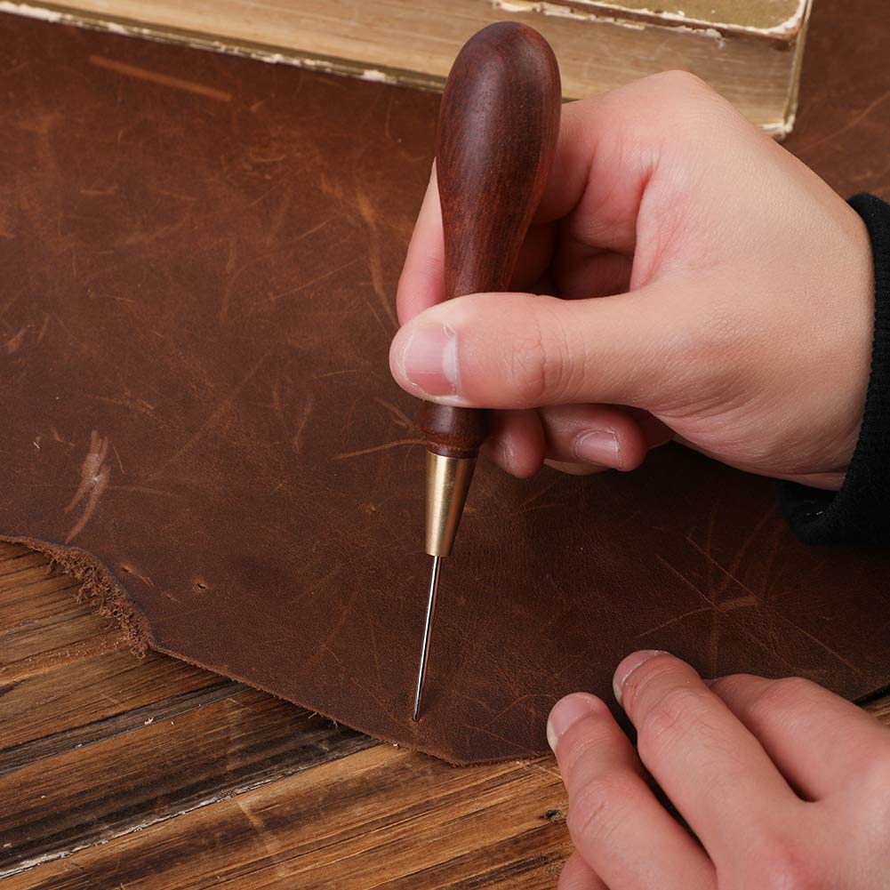 Punzón de cuero con mango de madera, herramienta de punzón de madera, punzón de costura de cuero para agujero de perforación de cuero o bricolaje hecho a mano