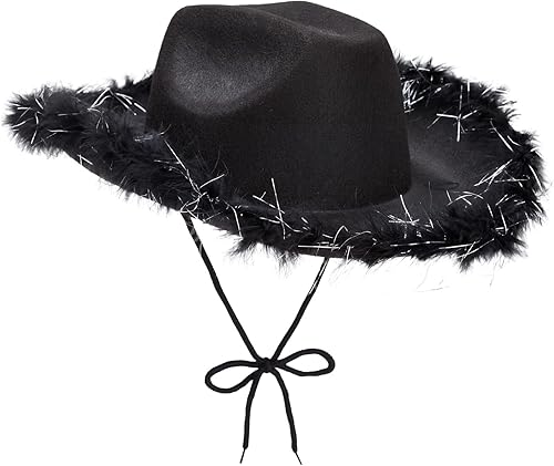 Cowboy Hats for Women and Men - Fluffy, Sparkly Cowgirl Hat with Feathers for Costume, Dress Up Birthday, Party