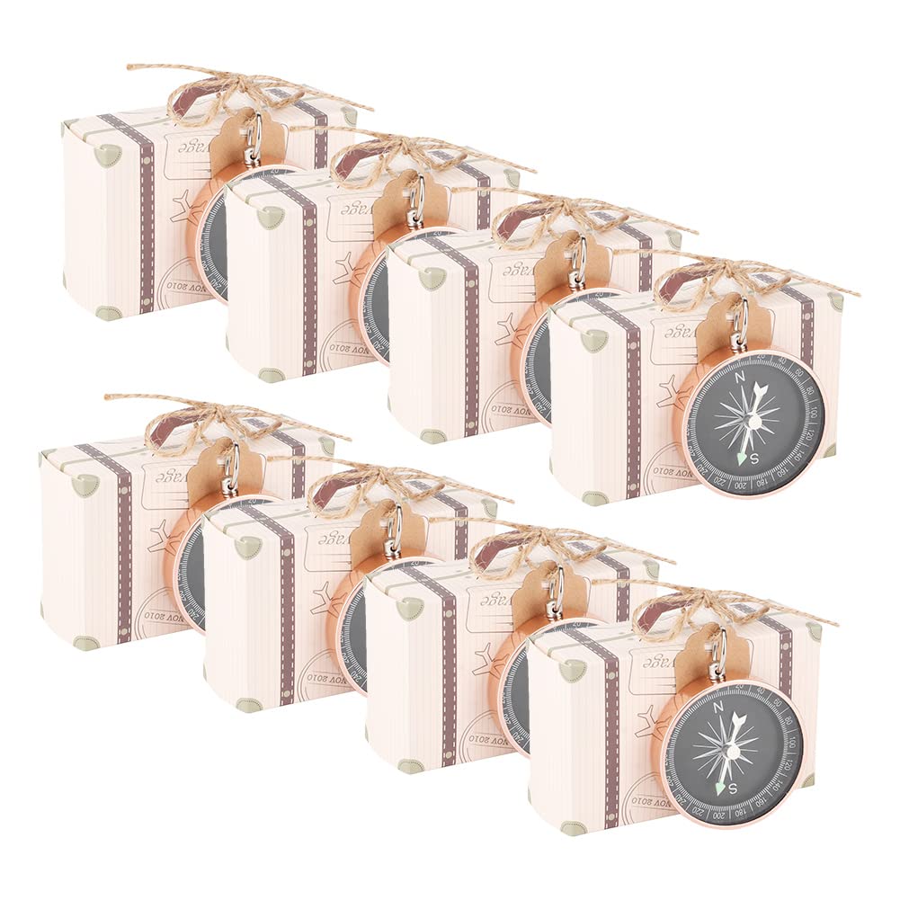 Juego de Caja de Regalo con Brújula de 20 Piezas, Cajas con Forma de Maleta con Etiquetas Kraft, Recuerdos Decorativos para Boda, Fiesta de Viaje(Oro Rosa)