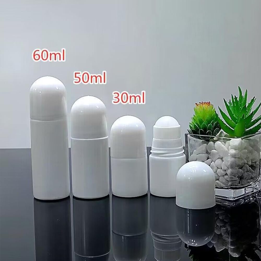 50 Stück 30 ml, 50 ml, 60 ml, weiße Roll-on-Plastikflaschen, nachfüllbare Roller-Flasche mit Kappen, auslaufsicher, DIY-Deodorant für ätherische Öle, Parfums, Balsame, Schönheit und Körperpflege (60
