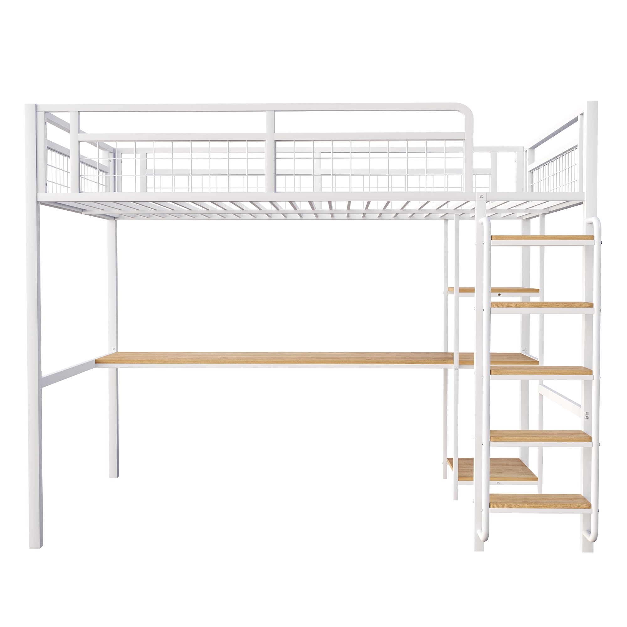 Cama alta de metal de 140 x 200 cm, escalera de seguridad con escalera, cuna con mesa y estante, cama para adultos, valla de seguridad de malla metálica (blanco, 140 x 200 cm)