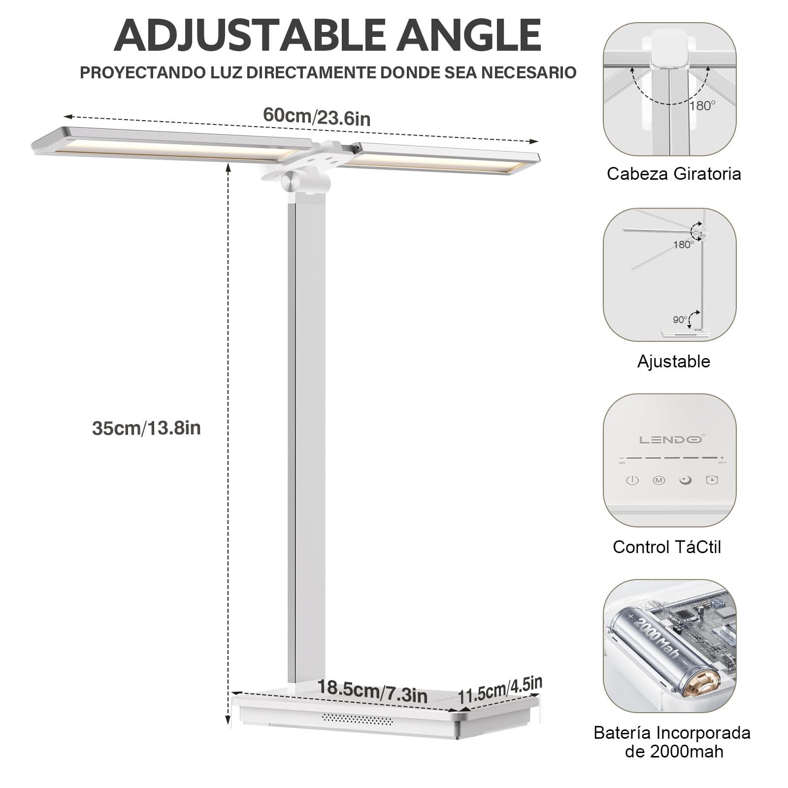 LENDOO LED Lampara Escritorio,Doble Cabeza Flexo LED Escritorio, Batería Inalámbrica 700 Lumen con 5 Modos Regulable 3000K-6500K, Cuidado Ocular,Temporizador de 30/60min,para Trabajo Estudio