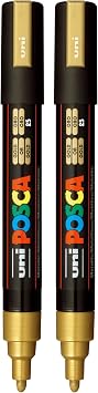 posca PC-5M Paint Markers, Medium Point 1.8-2.5mm, Gold, 2 Pack | Water-based opaque paint for 50+ surfaces, bullet tip control & precision, quick-drying, mixable & layerable, ACMI-certified