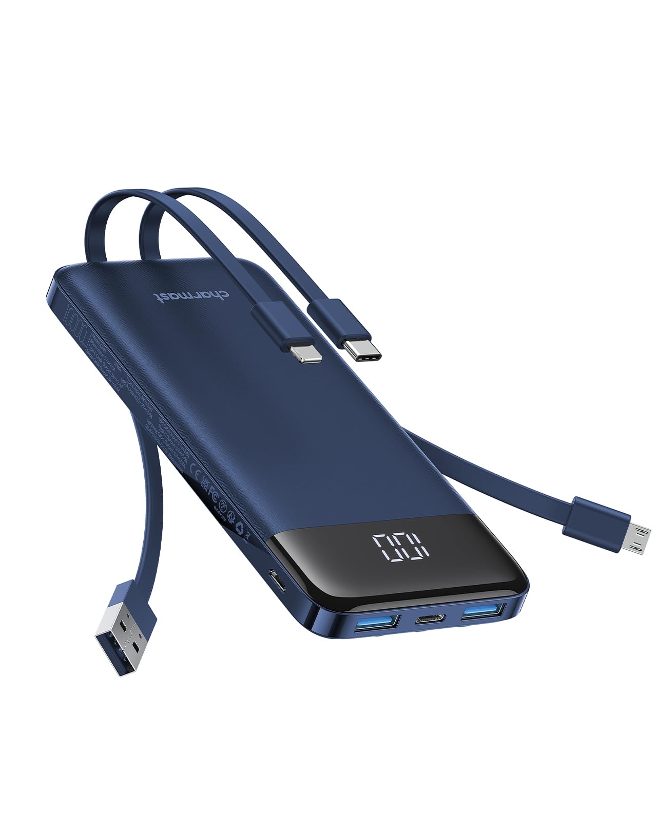 charmast 10000mAh Portable Charger with Built in Cables, 22.5W Travel Essential Power Bank Fast Charging, USB C Battery Pack for iPhone 17/16/15/14/13/12/11 Series, iPad, Samsung, Android, Tablet