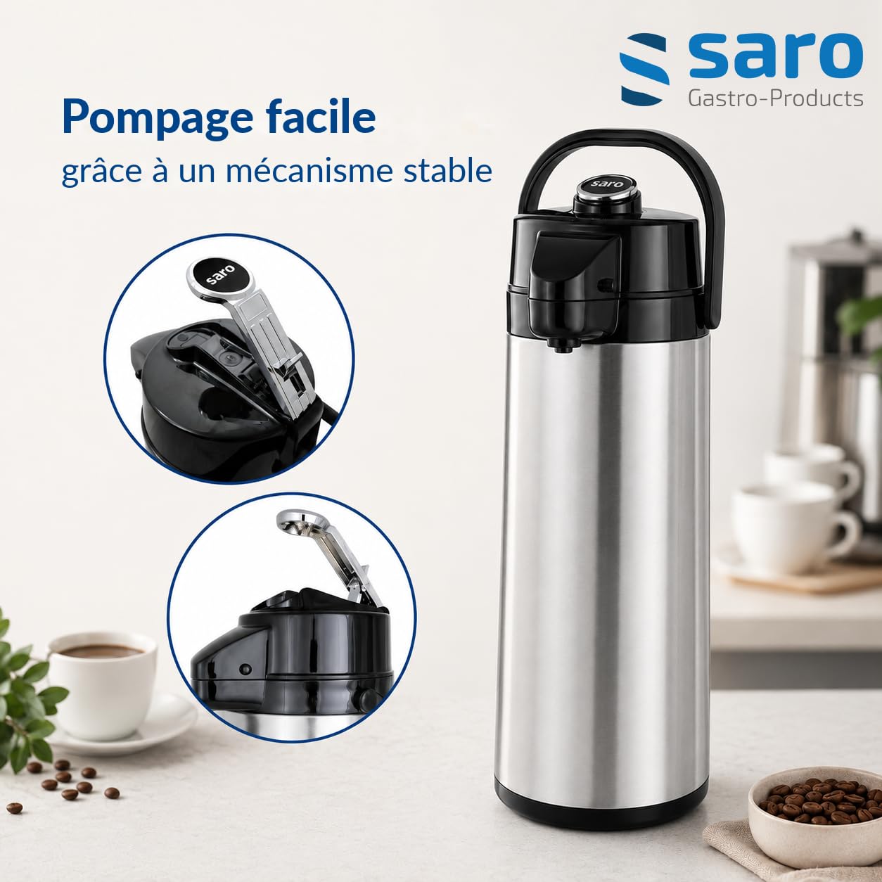 Saro - Thermos à Pompe pour Restauration et Buffet, 2,2 l, pour Boissons Chaudes et Froides, avec Poignée, Intérieur et Extérieur en Acier Inoxydable