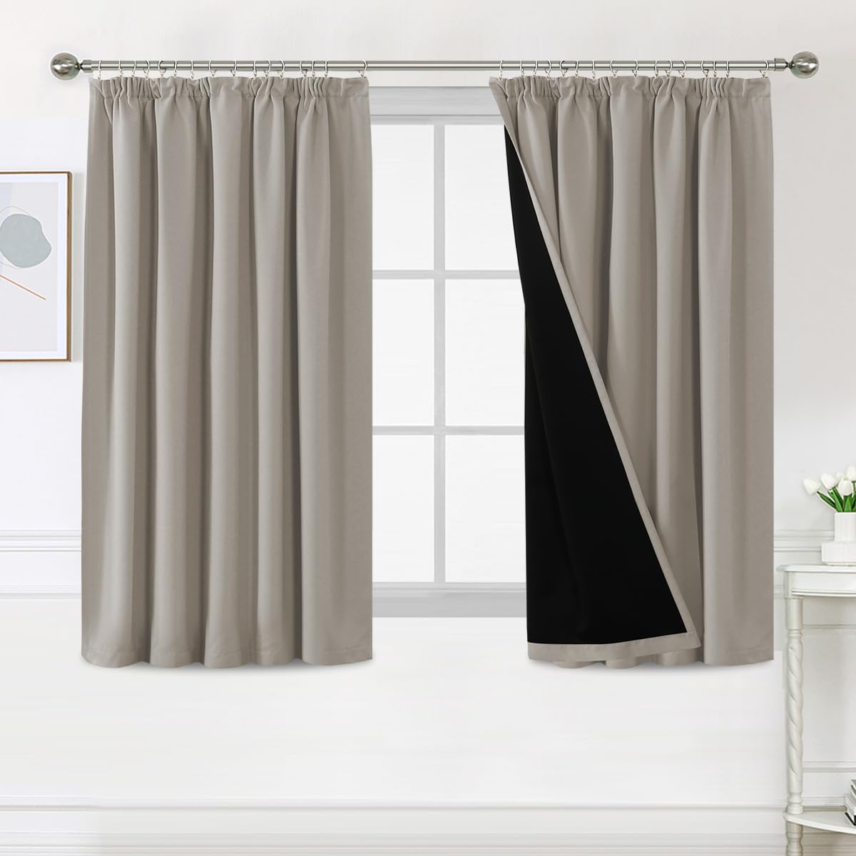H.Versailtex 100% Blackout Curtains for Bedroom, Pencil Pleat Black Out Living Room Curtains Super Soft Thermal Insulated Curtain Pair Panel with Tiebacks, W66x L54 Inch, 2 Panels, Natural Sand