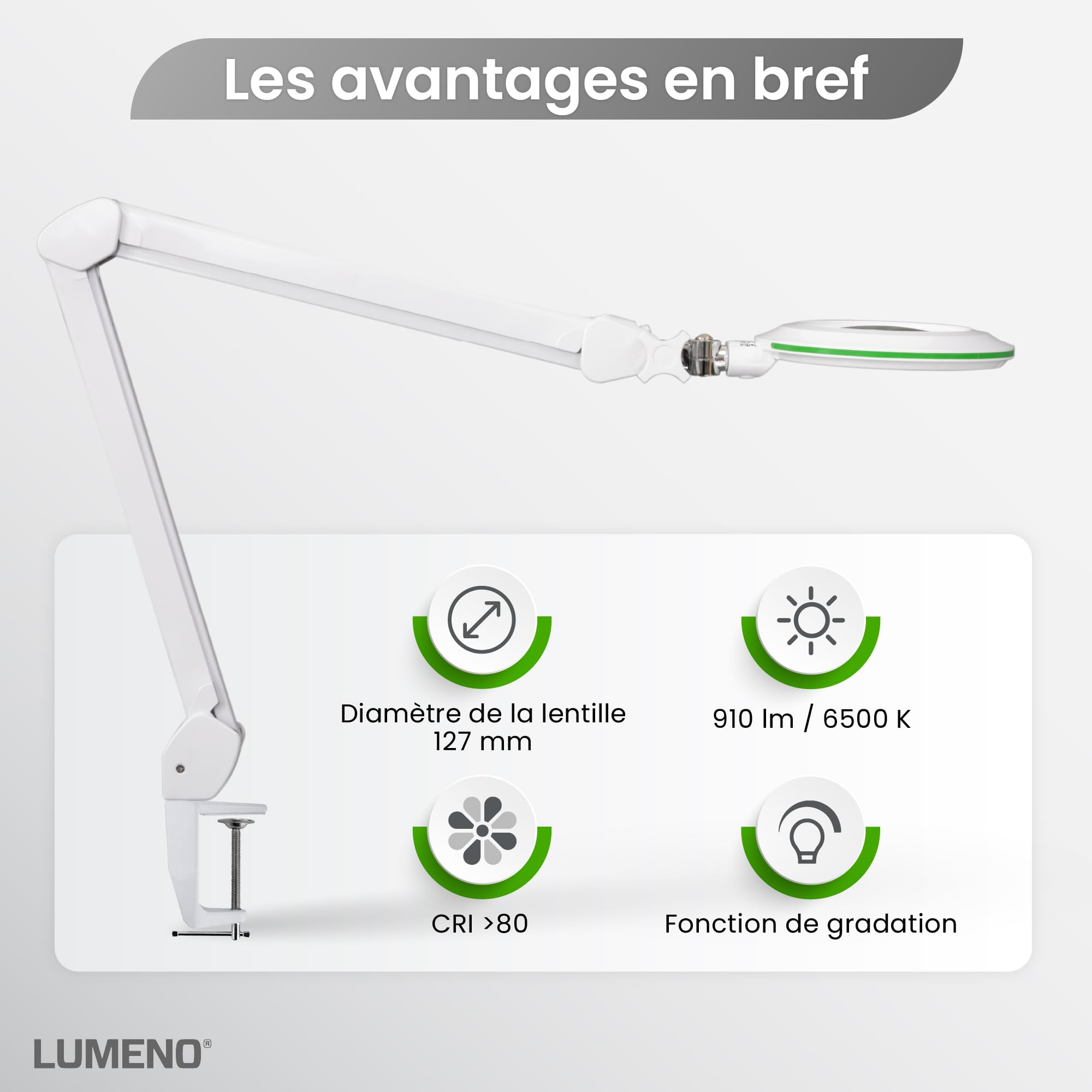 Lampe loupe Lumeno Lambda M, à intensité Variable, avec lentille en Verre cristallin de 127 mm, idéale pour Les Salons de beauté, cabinets médicaux, bricoleurs, l'aide à la Lecture, Vert 5 dioptries
