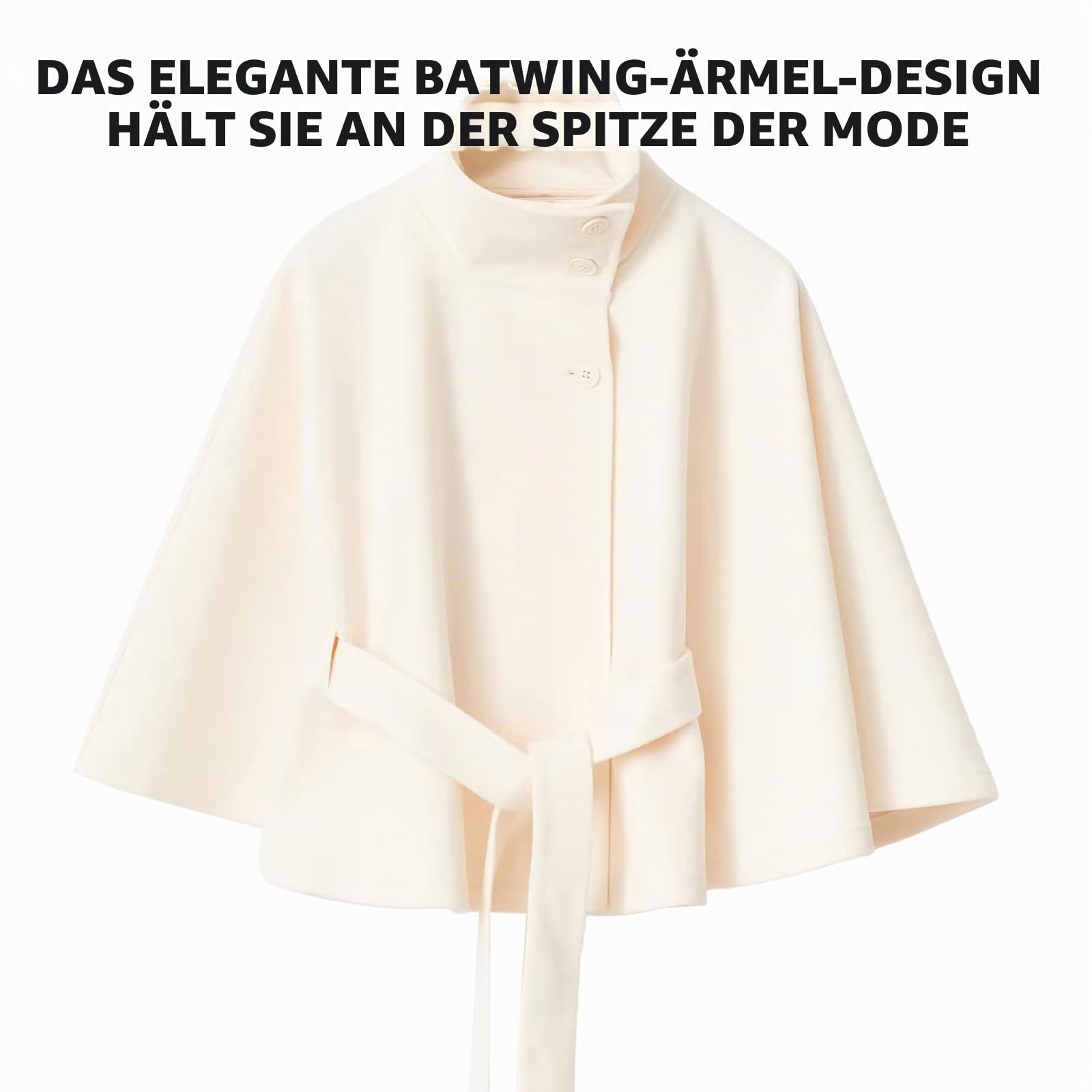 Generisch Weißer Cape-Mantel,Poncho mit Fledermausärmeln, Damen-Wintermantel mit Stehkragen und Gürtel