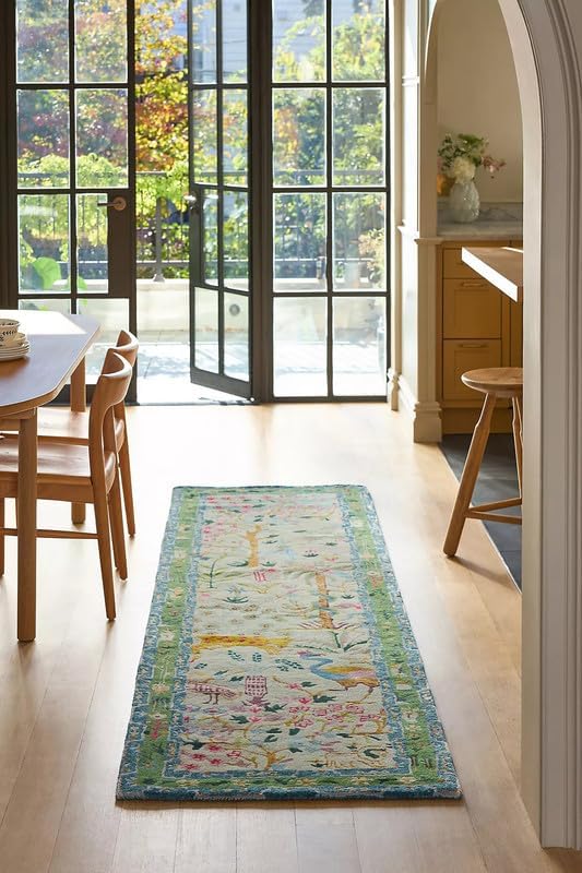 Hand-Tufted Wool & Viscose Area Rug (8x10 Ft) - Multi-Color Nature Inspired Design with Green Border, Luxury Soft Pile Carpet for Living Room, Bedroom, and Hallway