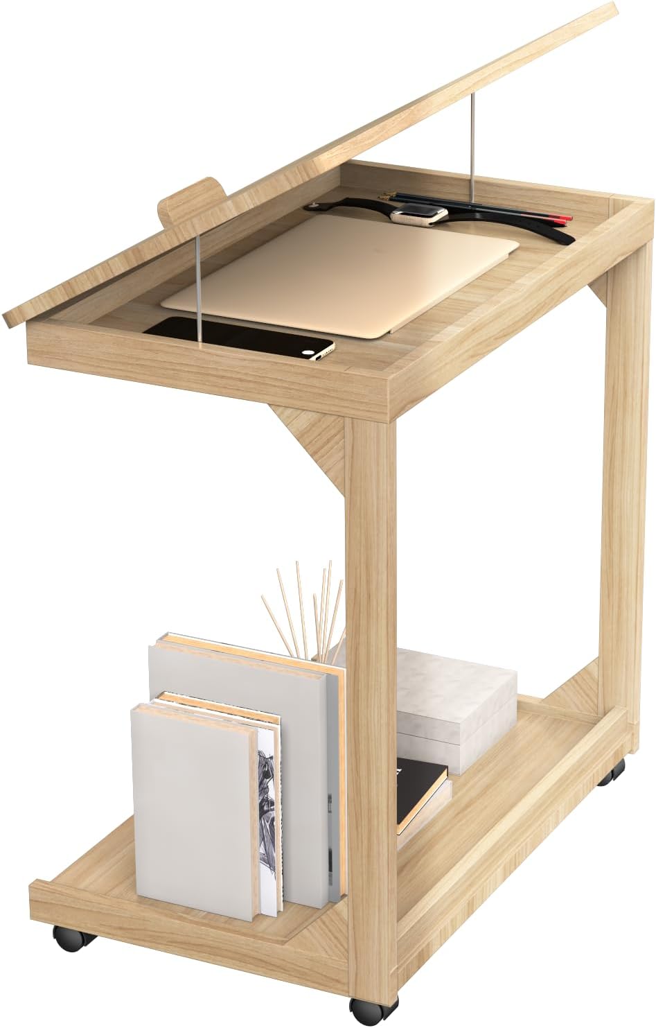 C-Shaped Couch Table, Side Table with 360° Rotating Wheels, 40° Adjustable Tiltable Desktop for Sofa Laptop Coffee, C Table for Living Room (Natural, 23.6 * 15.7 * 24.8in) Natural 23.6*15.7*24.8in