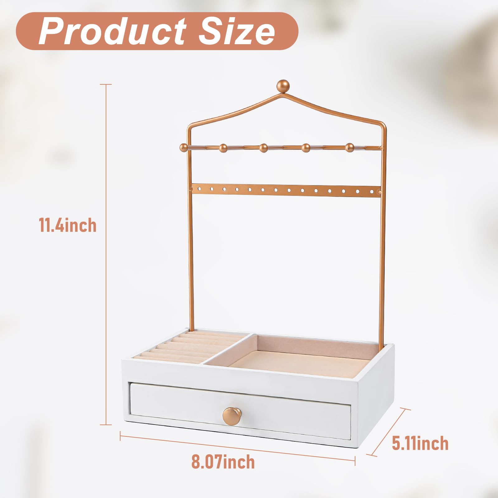 SEEYUAN Necklace Holder- Jewelry Organizer Stand, Earring Ring Bracelet Display Stand with Tray Storage Drawer for Bangles, Necklaces, Bracelets and Watch