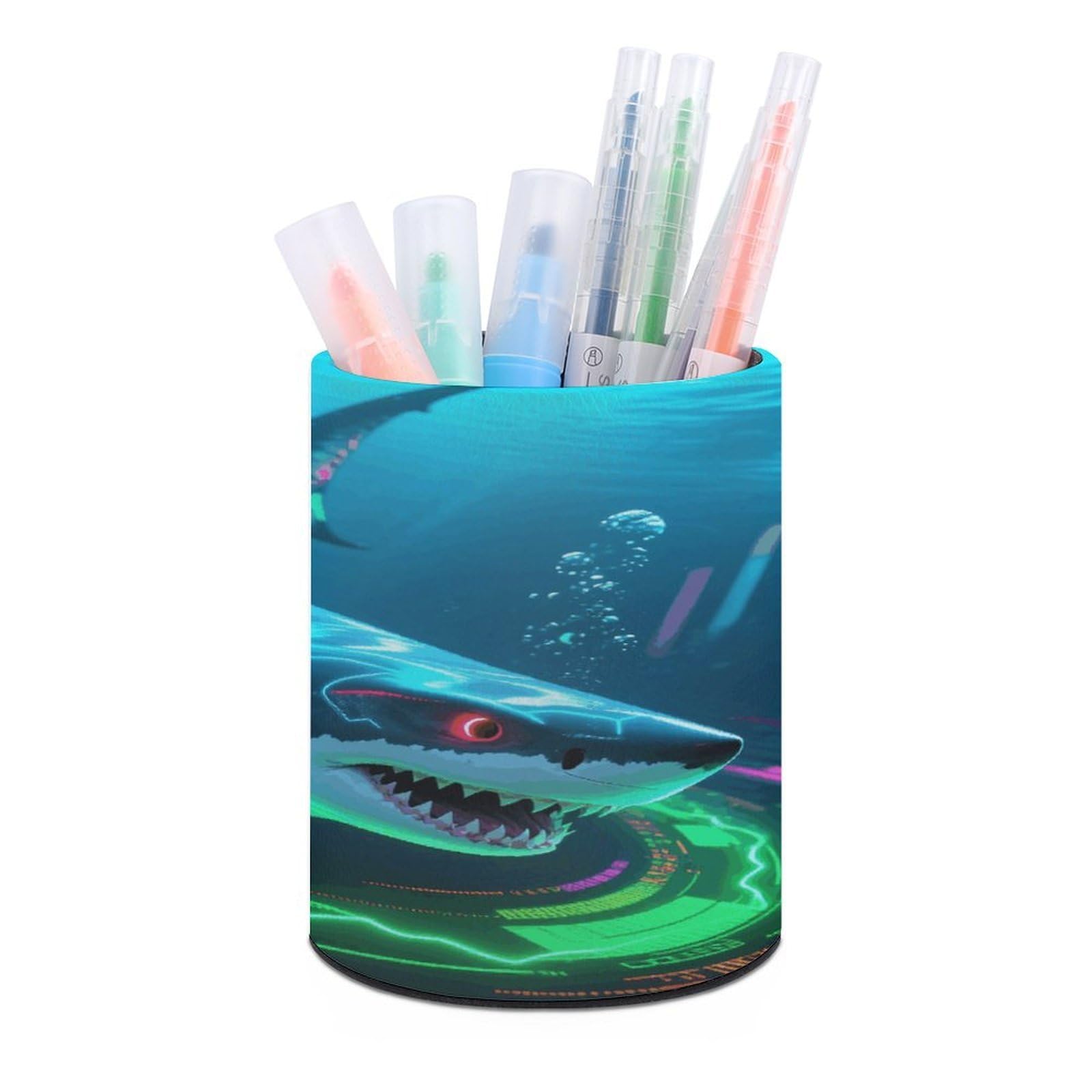 VstaDank Shark Pen Holder Round Pencil Holder Cup Pen Container PU Leather Desk Organizer Stand Decorative Brush Scissor Holder Decoration Office Desk Home (3.1 x 3.9 inch)
