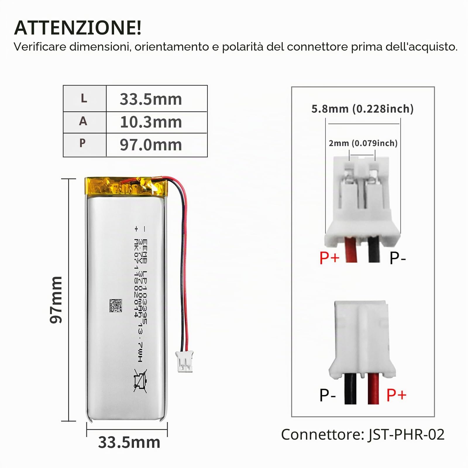 10X EEMB 3.7V 3700mAh Lipo Batteria 103395 Batteria ricaricabile ai polimeri di litio con connettore JST-Fai una polarità sicura del dispositivo corrispondente con la batteria prima dell'acquisto !!!