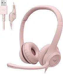 Headset com fio USB Logitech H390 com Almofadas Confortáveis, Controles de Áudio Integrado e Microfone com Redução de Ruído - Rosa