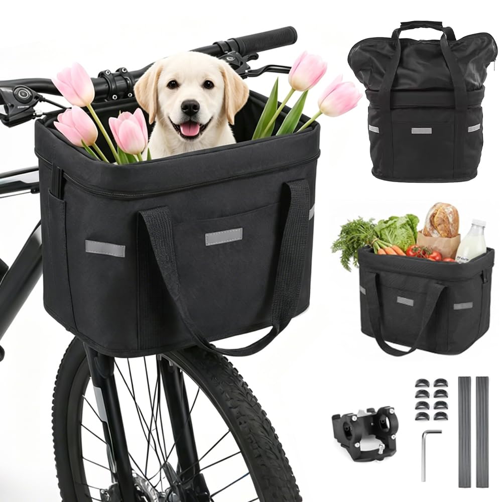 Jonuin Front Bike Basket, 12.6'' x 9.4'' x 9.4'' Folding Detachable Dog Bike Carrier with Handle, Pet Basket for Bike Easy Install & Remove, Front Bicycle Handle Basket for Pet, Shopping, and Camping