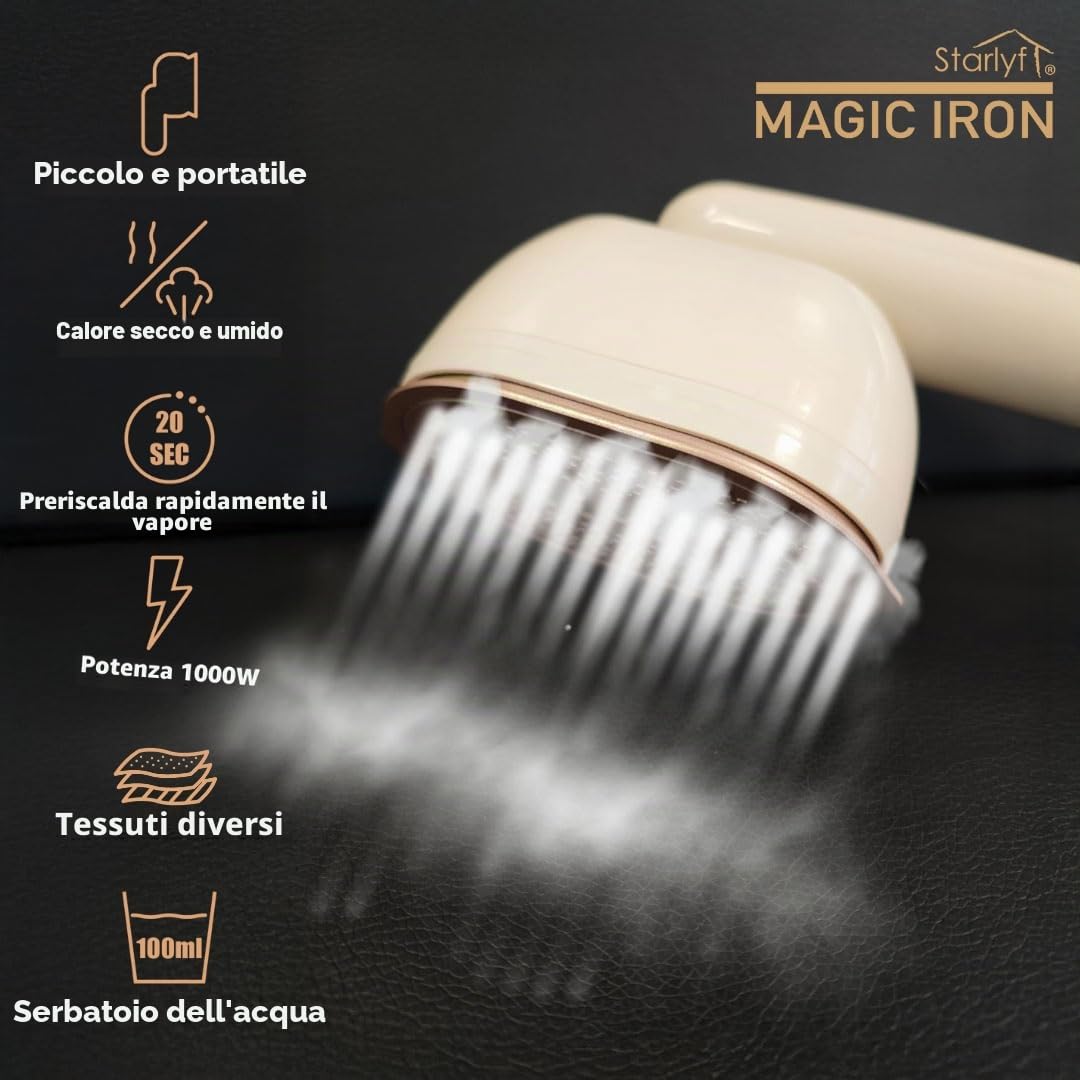 STARLYF Magic Iron Vaporizzatore per biancheria da mano, riscaldamento rapido, 20 secondi, serbatoio 100 ml, doppia funzione a secco e umido, manico girevole a 90°, piastra triangolare, design