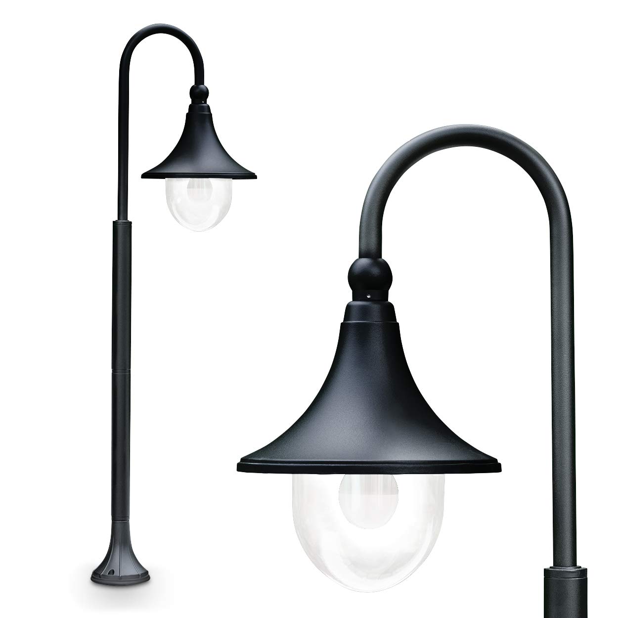 Lámpara de exterior Elgin, lámpara de pie de aspecto antiguo, metal en negro mate, con pantalla de plástico, luz de camino 120 cm, lámpara de jardín retro/vintage, casquillo E27, IP44, sin bombilla(s)