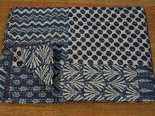 Tribal Asian Textiles Kantha-Steppdecke/Tagesdecke, Doppelbett, Stückwerk, aus Baumwolle, Indigo, Hand-Block-Druck