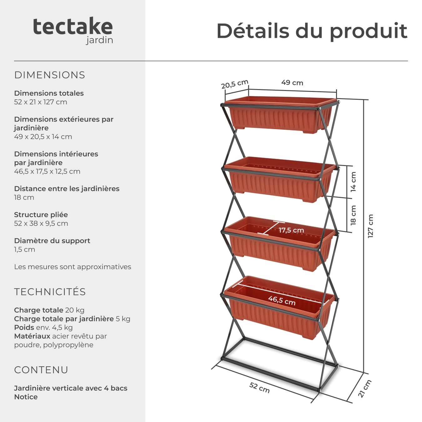 tectake® Potager de Jardin surélevé Jardinière Verticale avec 4 Bacs à Fleurs Culture en Hauteur Châssis Robuste Pliable Intérieur Extérieur Bac à semis 52x21x127 cm Jardin Terrasse Balcon