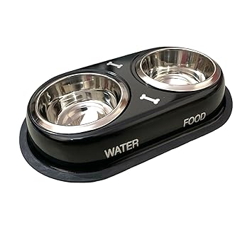 DOGTOWN Stainless Steel Double Diner Dog and Cat Food Bowls with Anti Slip Mat - Set for Drinking or Eating Food ( Large - Black )
