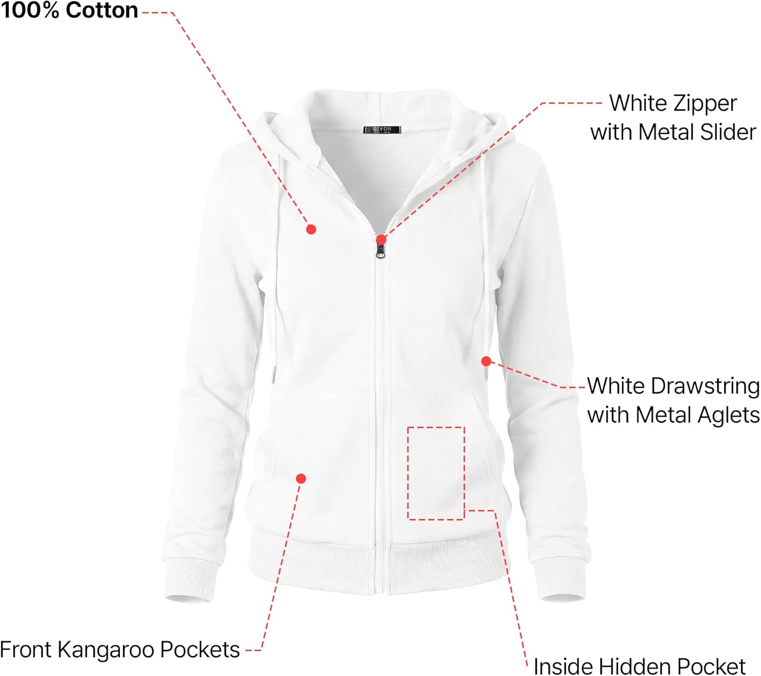 GIVON Women's 100% Cotton Full Zip Up Hoodie Soft French Terry Comfy Midweight Casual Sweatshirts Jackets