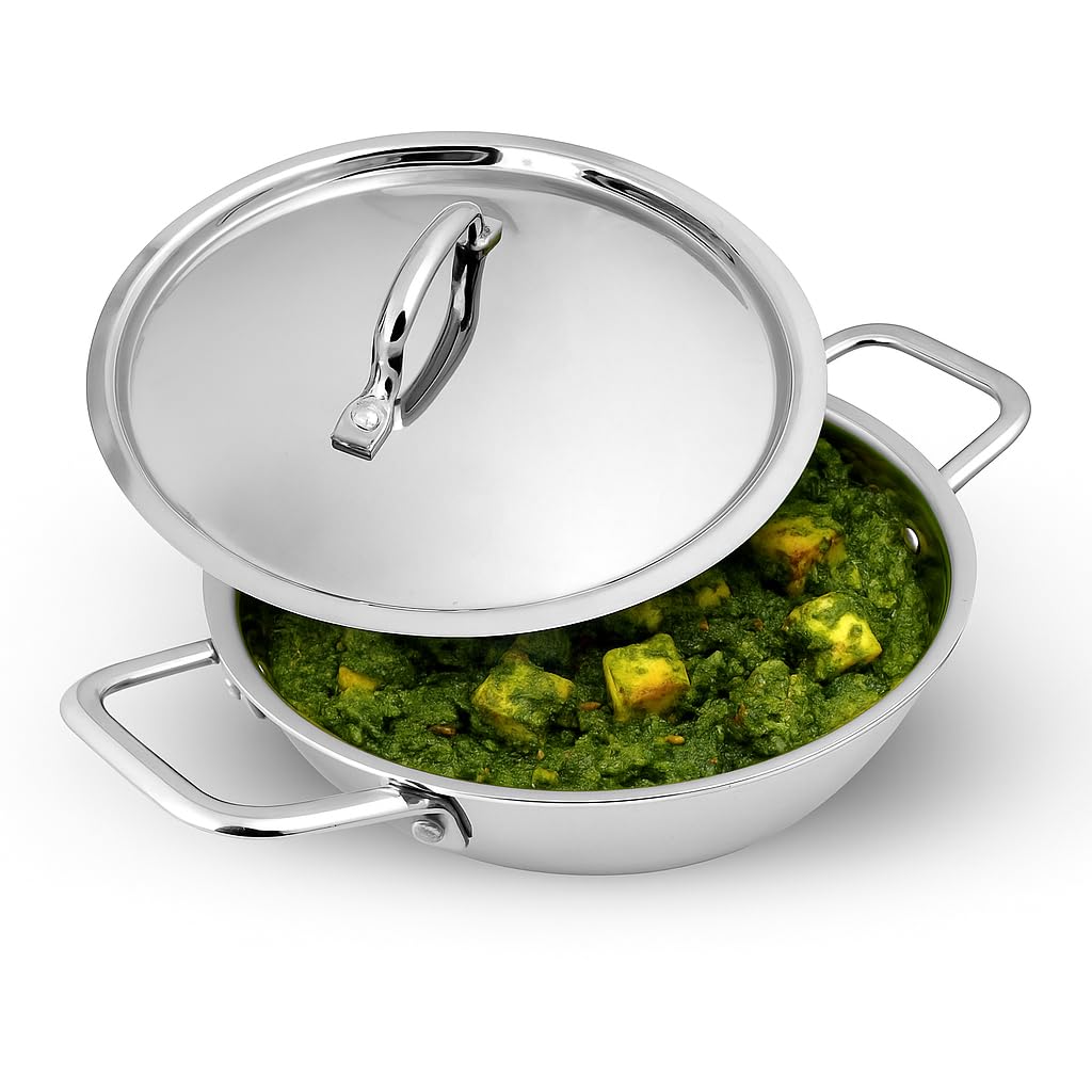 LiMETRO STEEL Premium Series Triply Stainless Steel Kadai with Lid 1.5 Liter (20 CM) | Flat Bottom Induction Kadhai | Triply Steel kadai | Stainless S...