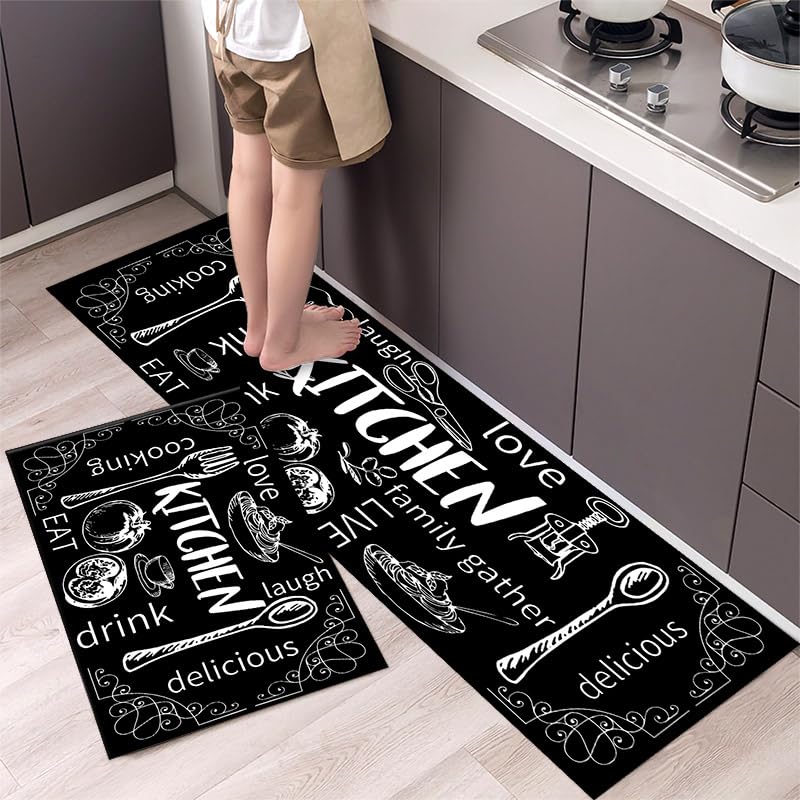 Alfombra Cocina 50X160Cm Negro Graffiti Vinilica Juego 2 Cuero Alfombras Cocina Antideslizante,Pasillo De PVC Impermeable,Antideslizante Y Resistente Antifatiga Al Aceite