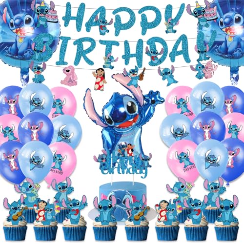 Stitc Geburtstag Luftballons Deko Geburtstagsdeko Party Supplies Set Enthalten Banner Cake Topper Luftballons Foil Balloons Deko für Kinder Geeignet (B)