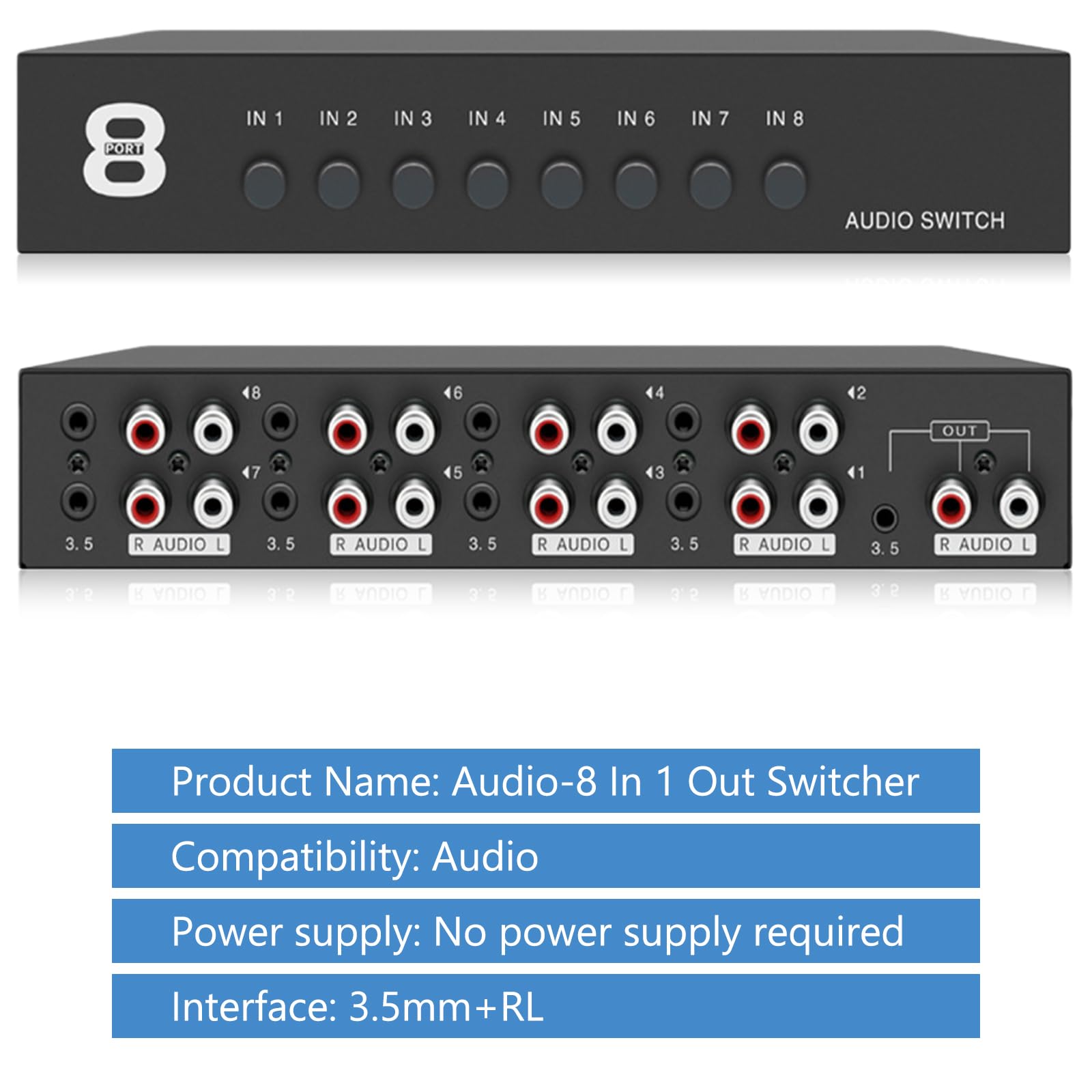 Interruttore audio 8 in 1 Out, interruttore audio passivo, 3,5 mm, AUX + RCA L/R, commutatore audio bidirezionale, splitter video per cuffie, fono, altoparlante, sistema audio