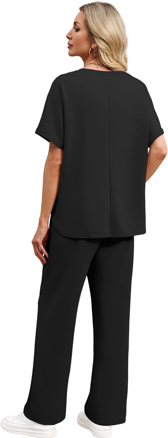 Sampeel Lounge Sets for Women V Neck Turn-UP Sleeves Tops Wide Leg Pants 2 Piece Sets Oversized Summer Vacation Outfits 2026 - Image 5