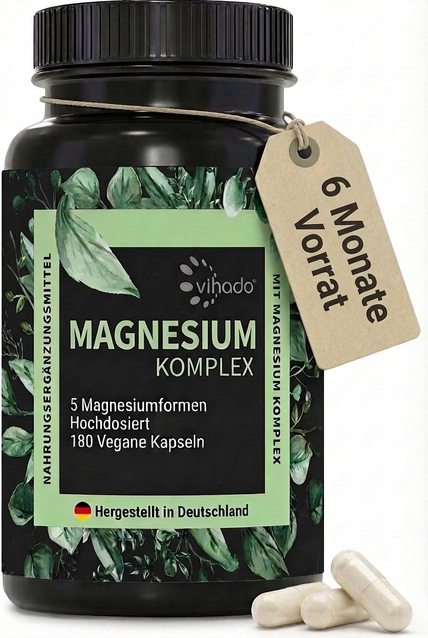 Vihado Magnesium Komplex, 5 Magnesiumformen + Vitamin C, 200 mg elementares Magnesium pro Kapsel, 6 Monate Vorrat, 180 vegane Kapseln