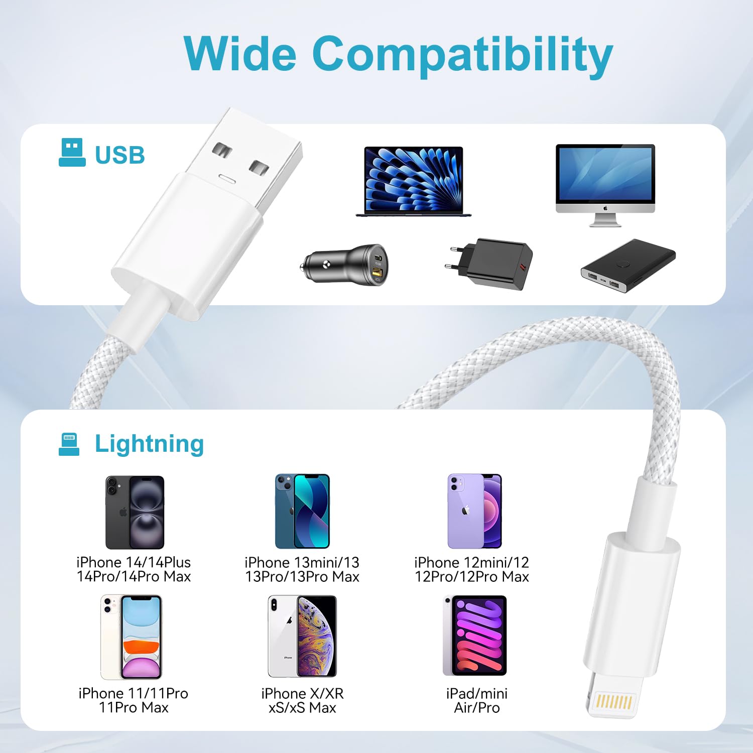 iPhone Charger Cable 1M 2Pack [Apple MFi Certified ], USB to Lightning Cable for iPhone 14 13 12 11 Pro Max XS XR X 8 7 6 Plus SE iPad, Braided iPhone Fast Charger Cable Apple Charging Cable Lead — view 3