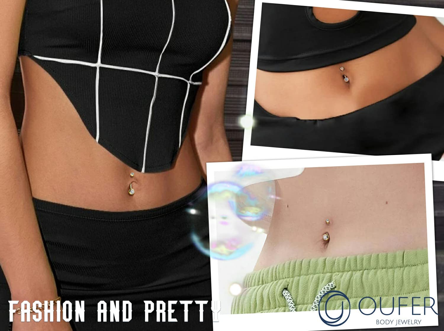OUFER Body Piercing Belly Button Piercing 14k Solid Gold Belly Bars Clear Round CZ Inlaid Navel Bar Navel Ring Body Jewellery