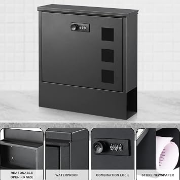 xydled Mailbox with Combination Lock,Large Capacity Wall Mounted Locking Security Mailbox,Large Mail Box with Newspaper Compartment, Black,12.8x11.8x3.3 Inch