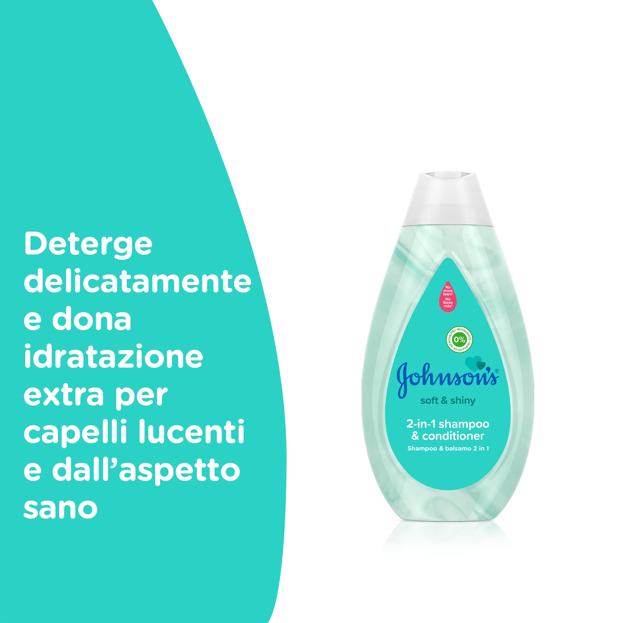 Johnson's Baby Soft & Shiny 2in1 Shampoo e Balsamo, Shampoo bambini con balsamo per un'idratazione extra, Formula Non Più Lacrime per una detersione delicata, Senza solfati e coloranti, 500 ml