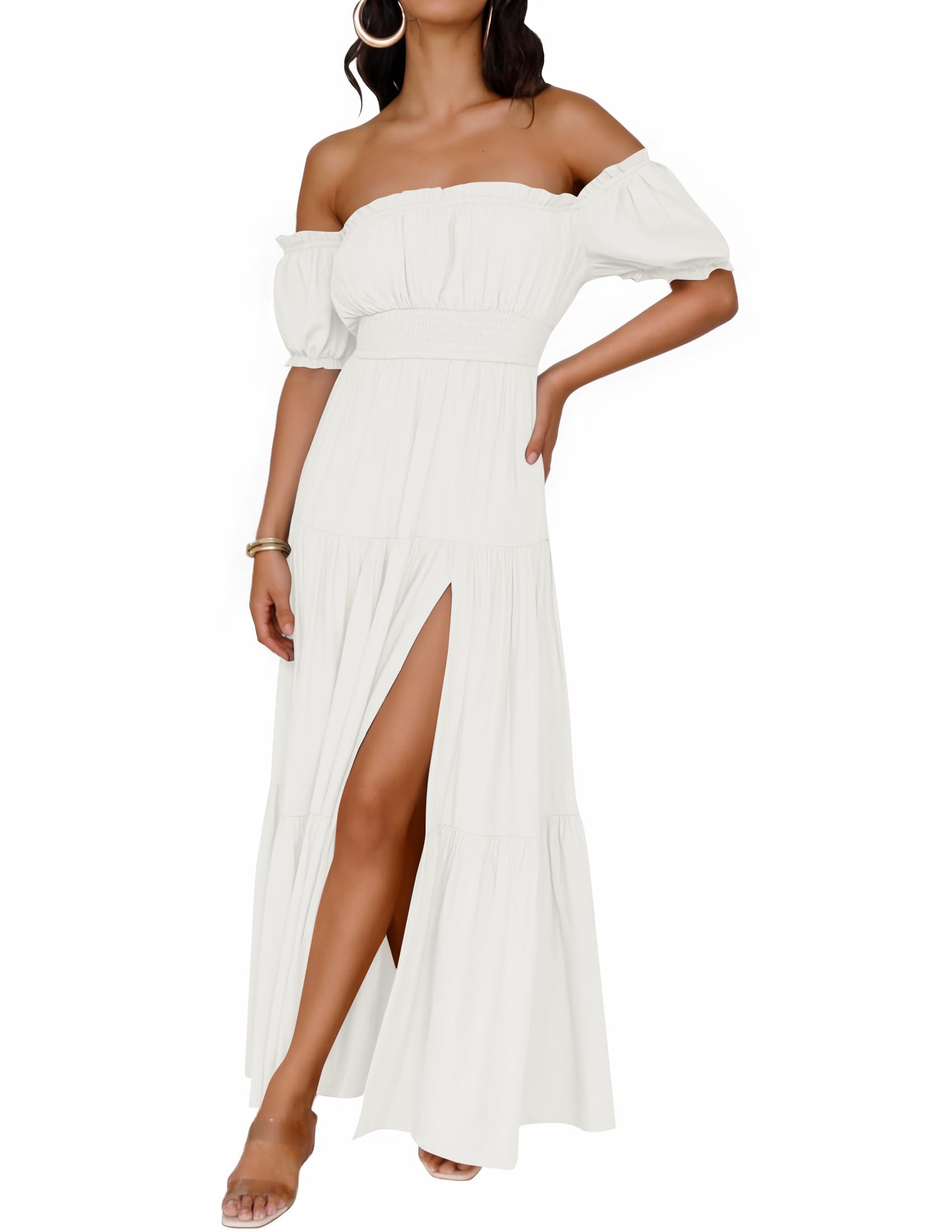 ZESICA Women's Boho Off Shoulder Wedding Guest Dress 2026 Summer Side Split Flowy A Line Long Maxi Dresses with Pockets